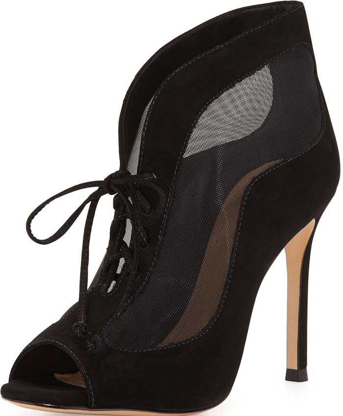 Schutz 'Suzette' Peep-Toe Lace-Up Suede Bootie in Black