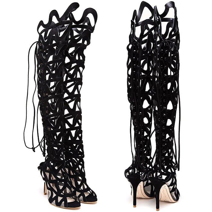 Sophia Webster "Mila" Cutout Suede Lace-Up Thigh-High Boots