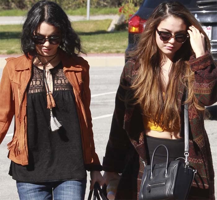 Vanessa Hudgens and her sister Stella arrive at Forest Lawn Memorial Park to make funeral preparations of their father Gregory