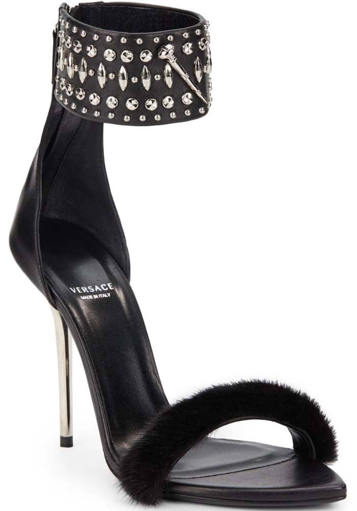 Versace Faux Fur-Trimmed Studded Leather Sandals
