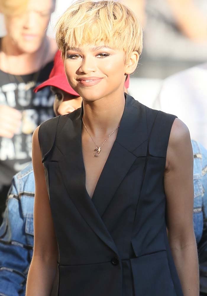 Zendaya shows off her blonde hair as she arrives at ABC Studios in Los Angeles on Feb. 10, 2016, for an appearance on "Jimmy Kimmel Live!"