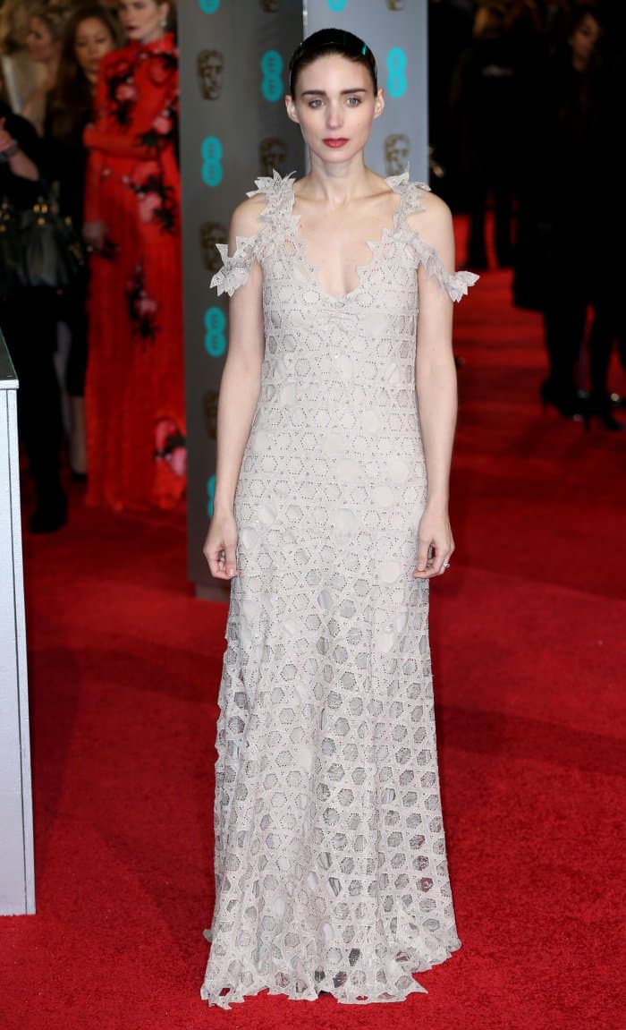 Rooney Mara made a stunning appearance in a nude Givenchy Spring 2016 Haute Couture gown that featured geometric patterns, giving her a sleek and modern look