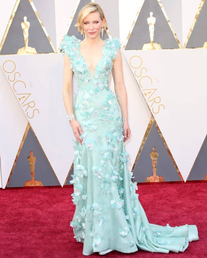 Cate Blanchett in an Armani Privè seafoam green cap-sleeve mermaid gown at the 88th Annual Academy Awards