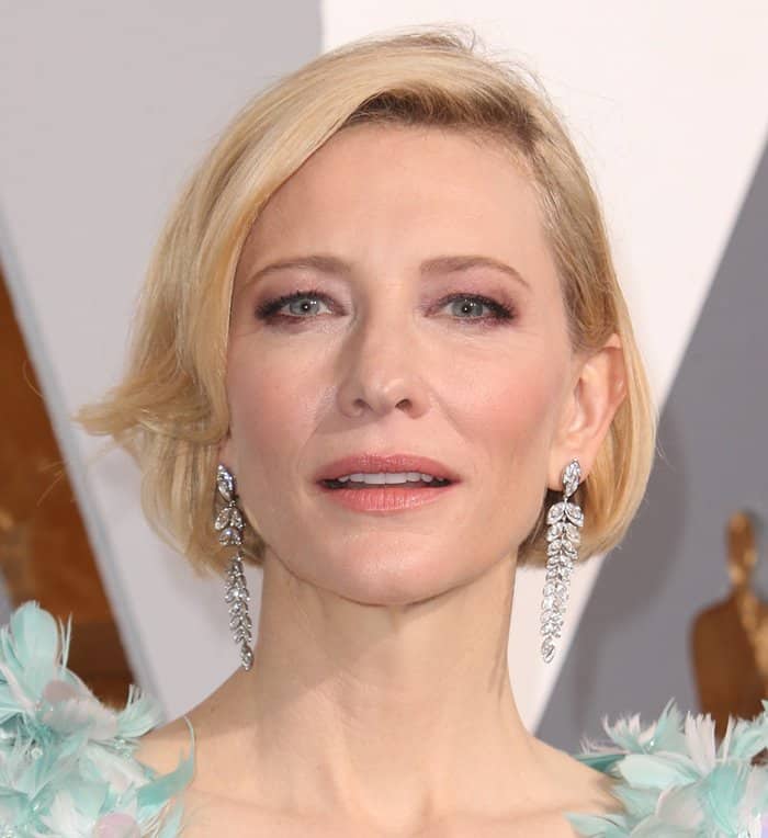 Cate Blanchett shows off her drop earrings in platinum with marquise and round diamonds