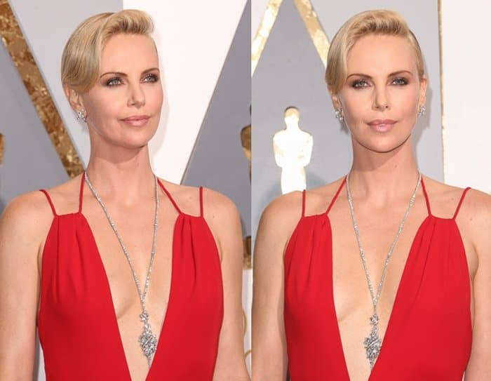 Charlize Theron wears a Harry Winston Secret Cluster diamond necklace