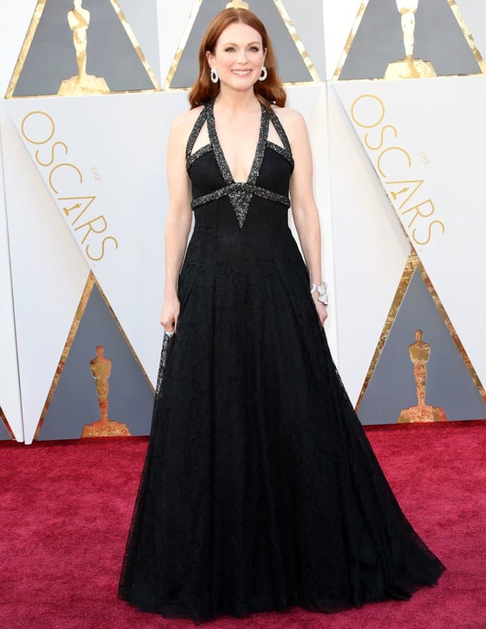 Julianne Moore in an embellished black gown by Chanel at the 88th Annual Academy Awards