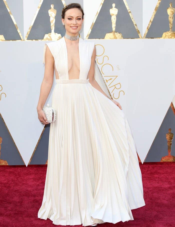 Olivia Wilde in a white Valentino Grecian-style pleated gown at the 88th Annual Academy Awards