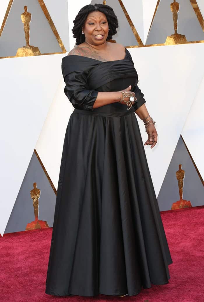 Whoopi Goldberg pays tribute to vintage Hollywood in a custom gown inspired by All About Eve at the 88th Annual Academy Awards