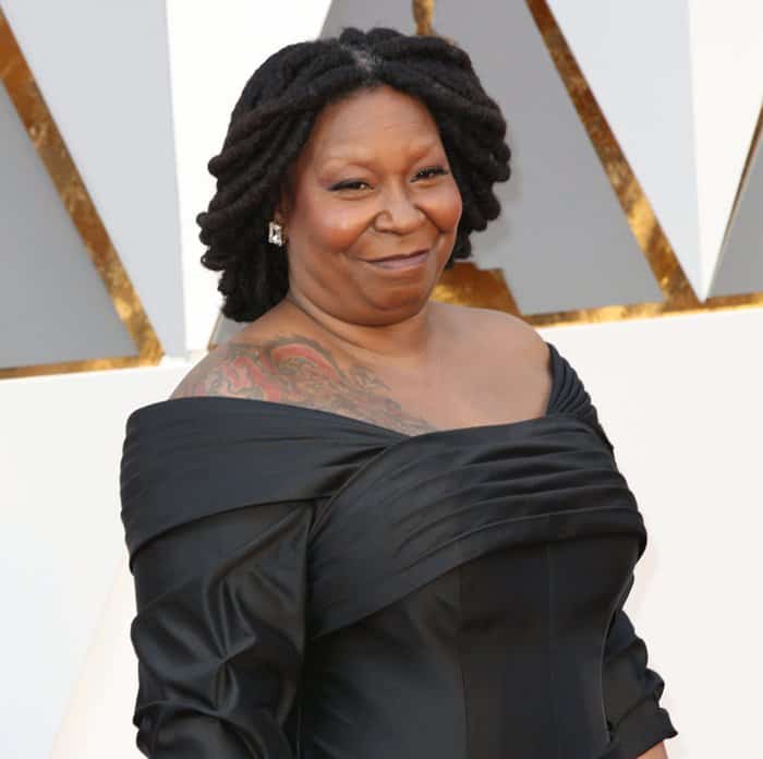 Whoopi Goldberg channels vintage Hollywood glamour in a custom gown inspired by All About Eve at the 88th Annual Academy Awards, though the fit and style could have been more flattering