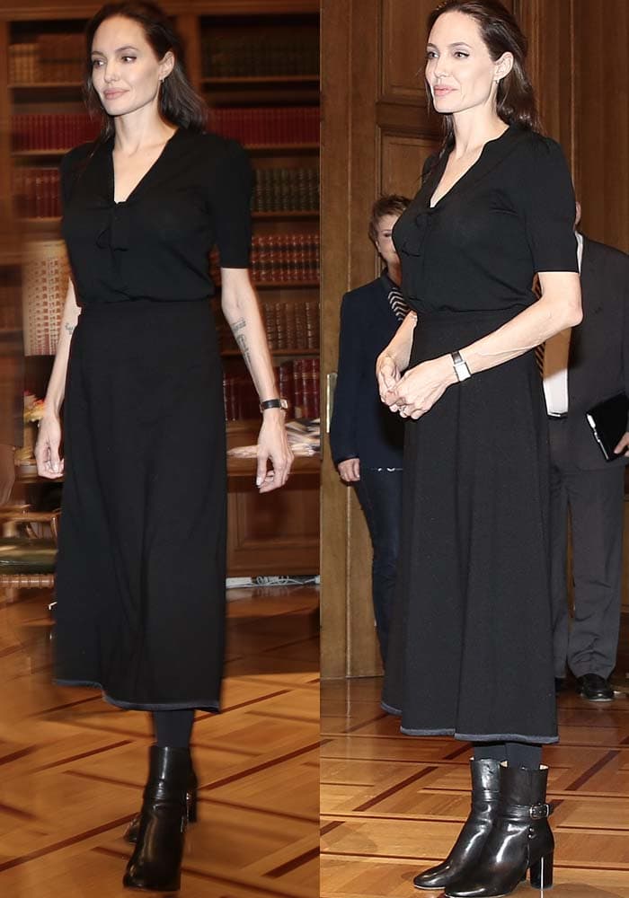 Angelina Jolie wears an all-black ensemble for her meeting with the Greek prime minister