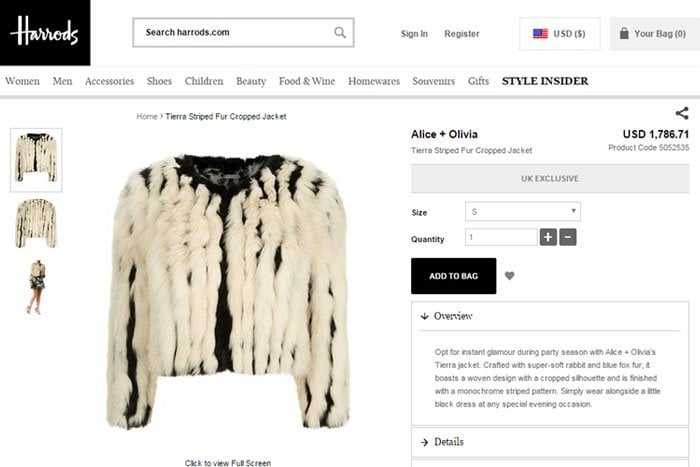 The Alice + Olivia "Tierra" fur jacket that Bella Thorne mistakenly claimed was faux fur