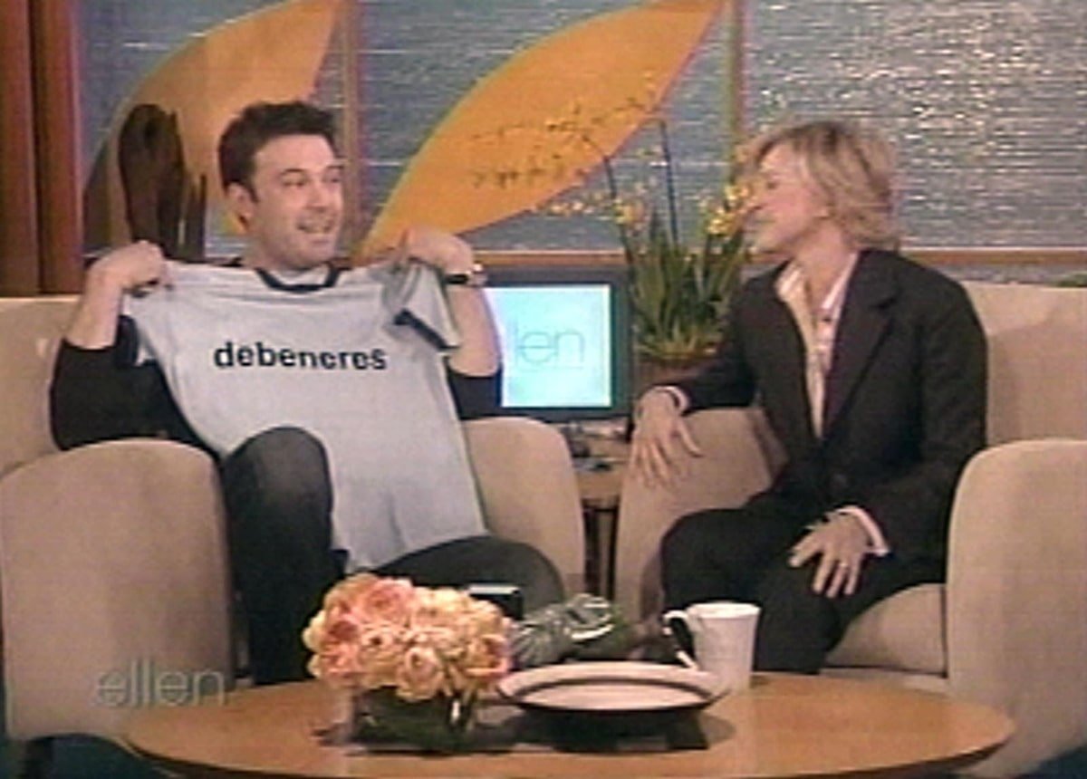 Ben Affleck on the Ellen DeGeneres Show in 2004 gets shown a T-Shirt with a blend of their names