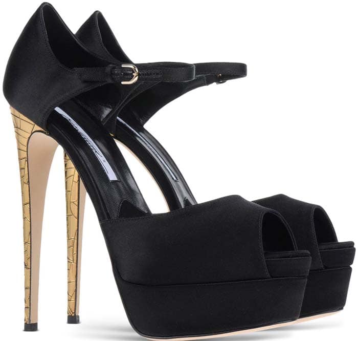 Gold Satin and Black Brian Atwood "Tribeca" Platform Sandals