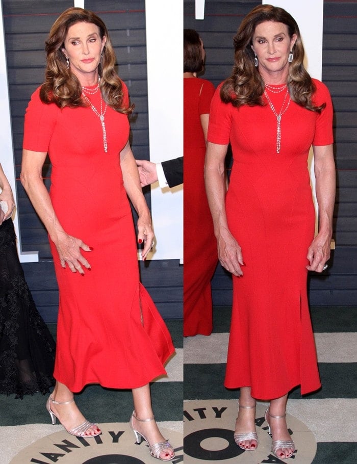 Caitlyn Jenner flaunts her toned legs in an eye-catching ankle-grazing red dress