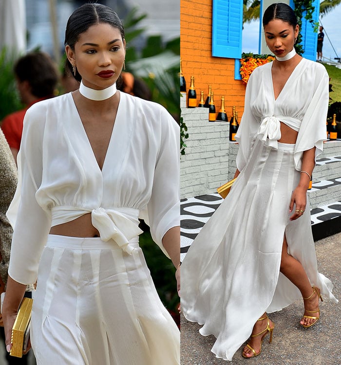 Chanel Iman adds a chic touch to her Jonathan Simkhai ensemble with a white ribbon, styled as both a choker and waist tie