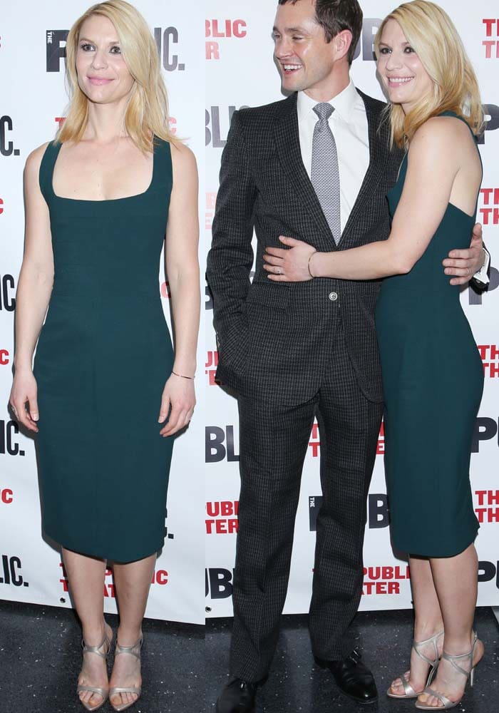 Claire Danes and husband Hugh Darcy pose for photos at the opening night party for the play "Dry Powder"