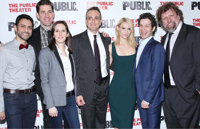 Sanjit De Silva, John Krasinski, playwright Sarah Burgess, Hank Azaria, Claire Danes, director Thomas Kail, and Public Theater Artistic Director Oskar Eustis pose at the Opening Night Party Arrivals for "Dry Powder"