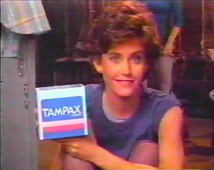 Courteney Cox advertises menstrual products in a 1985 Tampax commercial