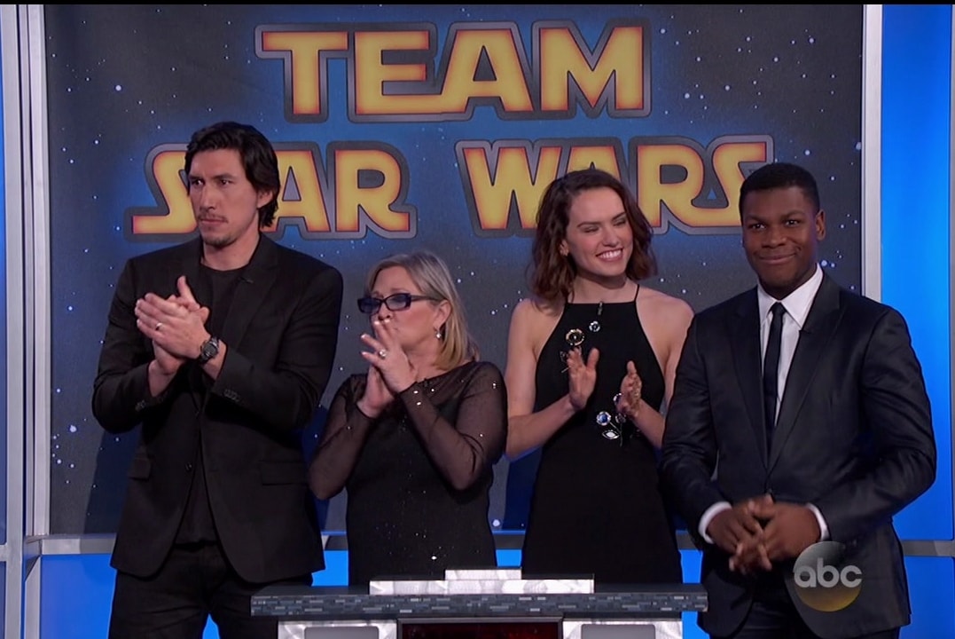 Joined by John Boyega and Adam Driver, Daisy Ridley towered over her shorter co-star Carrie Fisher during an appearance on Jimmy Kimmel Live!