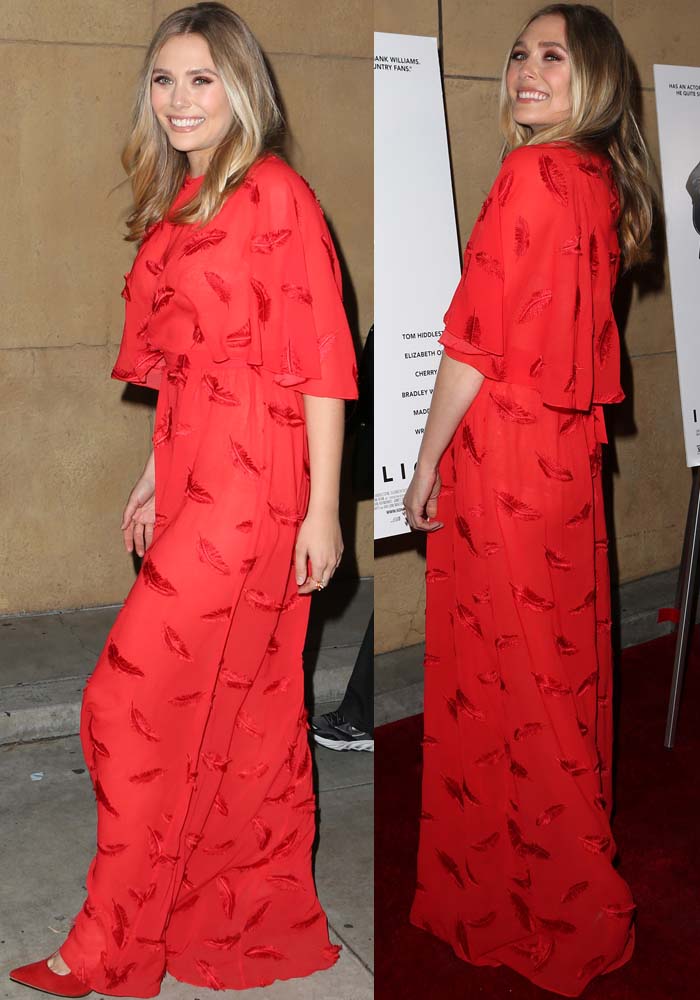 Elizabeth Olsen in a feather print-embossed red dress at the Los Angeles premiere of "I Saw The Light"