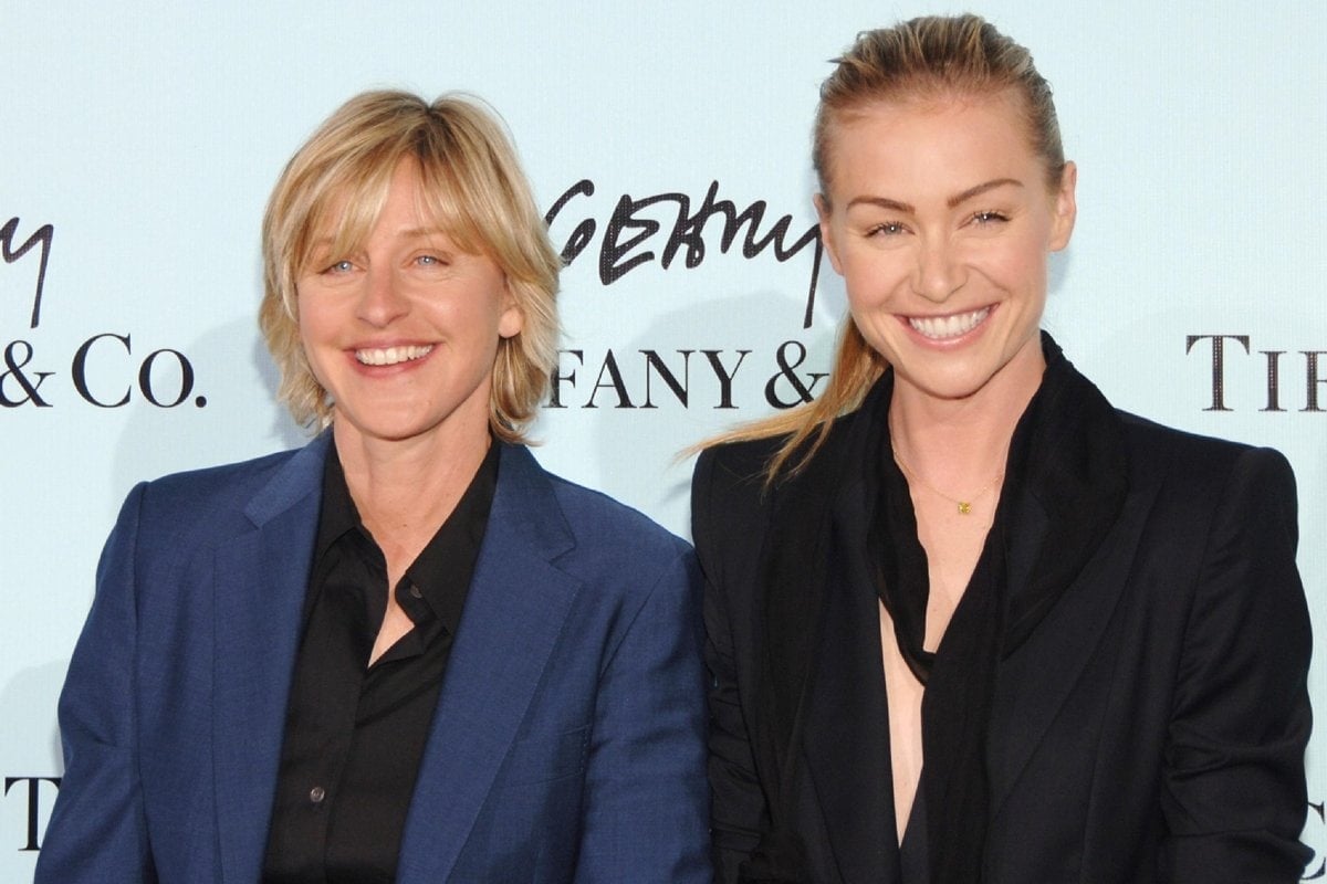 Ellen DeGeneres and Portia de Rossi attend the launch of Frank Gehry's premiere jewelry collection for Tiffany & Co.