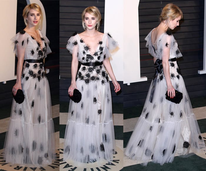 Emma Roberts wearing a Yanina Couture dress, Dsquared2 shoes, a Kotur clutch, and Martin Katz jewels at the Vanity Fair Oscar Party 2016