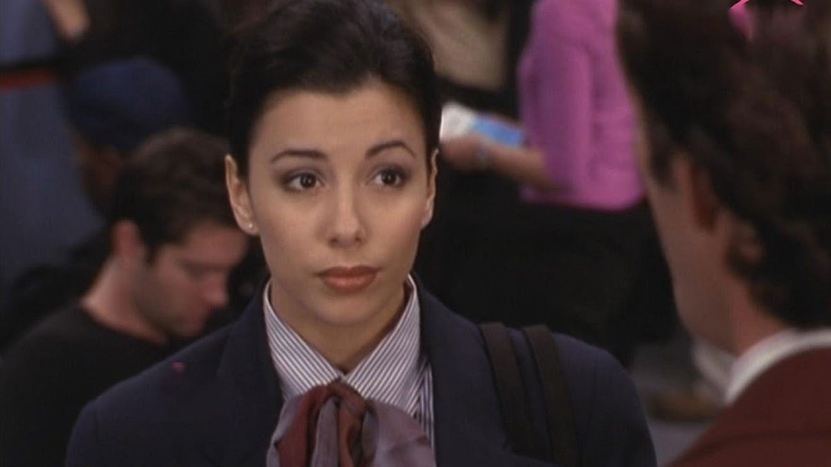 Eva Longoria playing the unnamed "Flight Attendant #3" in I Will Be Your Father Figure, an episode of Beverly Hills, 90210 that aired on March 8, 2000