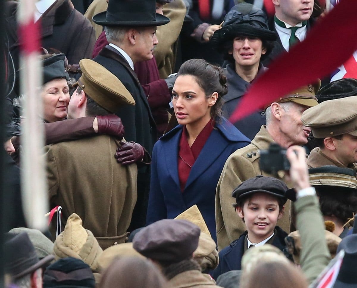 Gal Gadot films a scene for the movie 'Wonder Woman' in Trafalgar Square in London