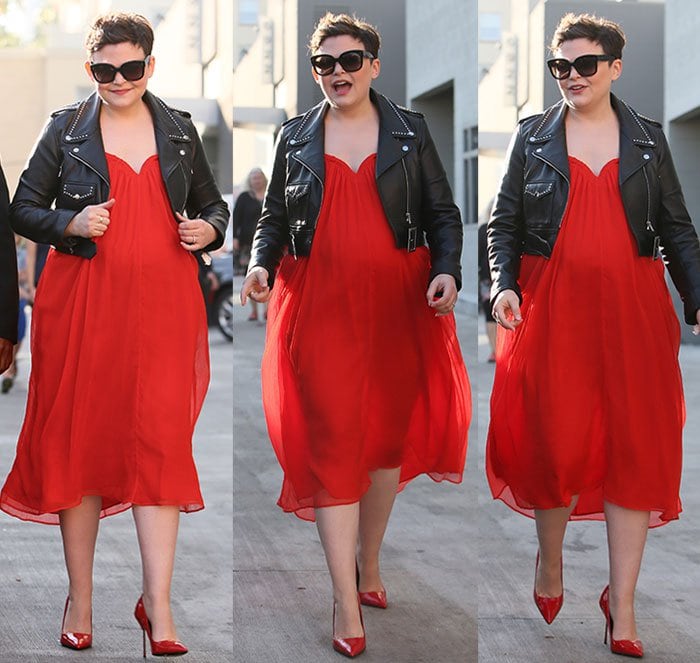 The pregnant Ginnifer Goodwin styled her red dress with a leather biker jacket