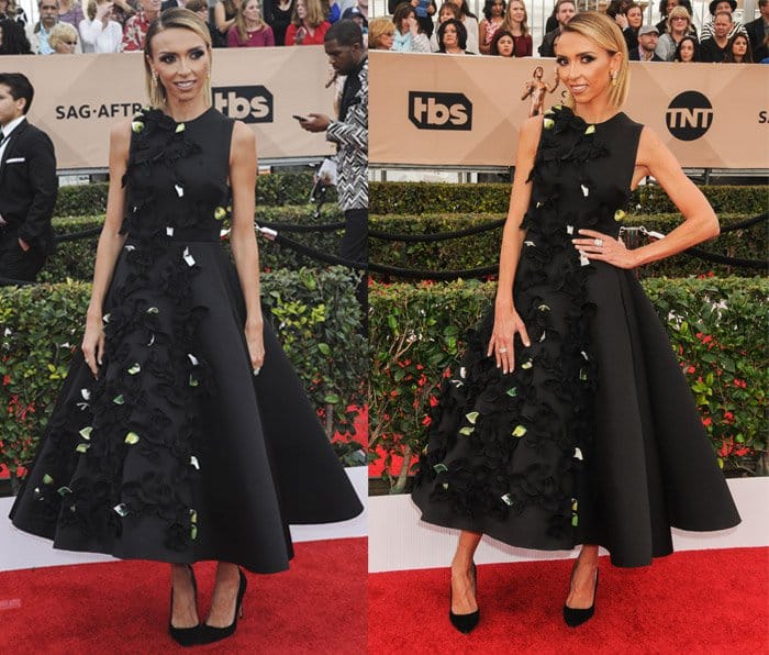 Giuliana Rancic strutted down the red carpet in a black Gauri and Nainika flared dress