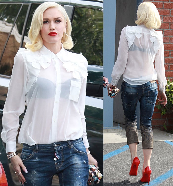 Gwen Stefani's distressed mud-printed cropped jeans