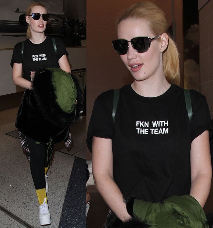 Iggy Azalea sports an "FKN WITH THE TEAM" shirt at LAX