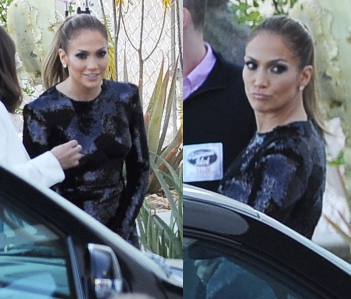 Jennifer Lopez wears her hair up in a ponytail as she arrives at the "American Idol" studios