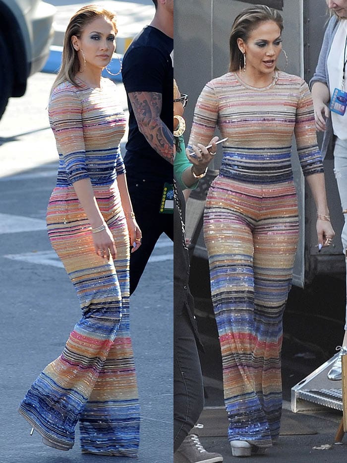 Jennifer Lopez striped jumpsuit Casadei pumps 1