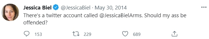 Jessica Biel claims her ass could be offended after discovering a Twitter account dedicated to her arms