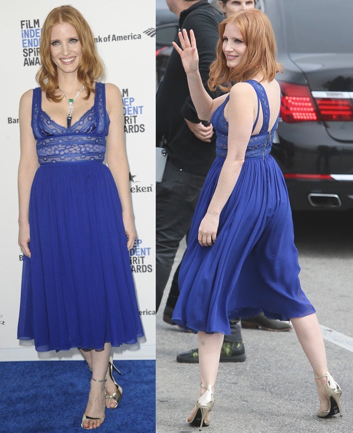 Jessica Chastain matches her blue Elie Saab dress to the blue carpet