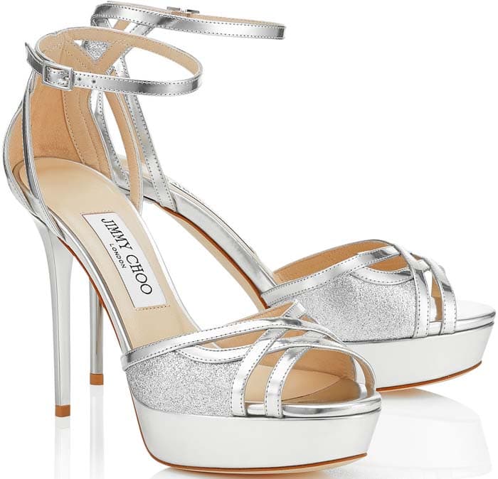 Silver Jimmy Choo "Laurita" Glittered Leather Sandals