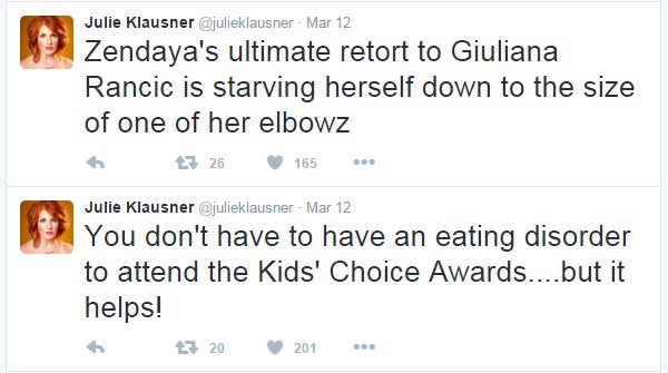 American author, comedian, actor, podcaster, and writer Julie Klausner insinuates that Zendaya has an eating disorder