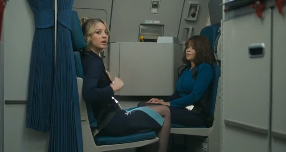 Kaley Cuoco wears pantyhose and a flight attendant uniform as Cassie Bowden in the American black comedy mystery thriller streaming television series The Flight Attendant