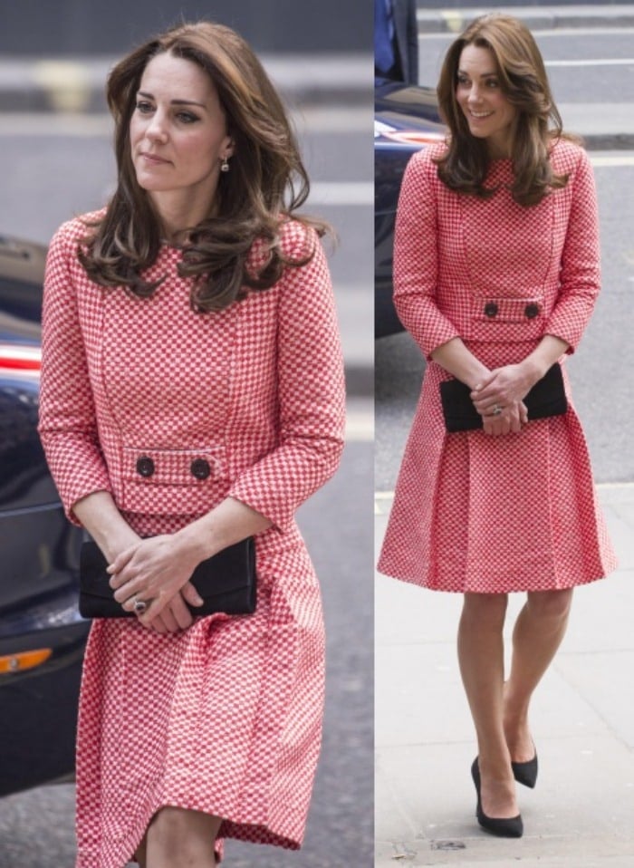 Kate Middleton wears a red-and-white skirt suit from Eponine London