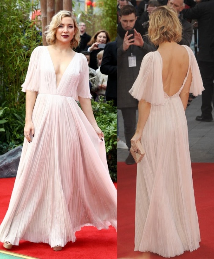 Kate Hudson stuns in a flowing blush pink J. Mendel gown with a plunging neckline and elegant pleats at the Kung Fu Panda 3 European premiere.