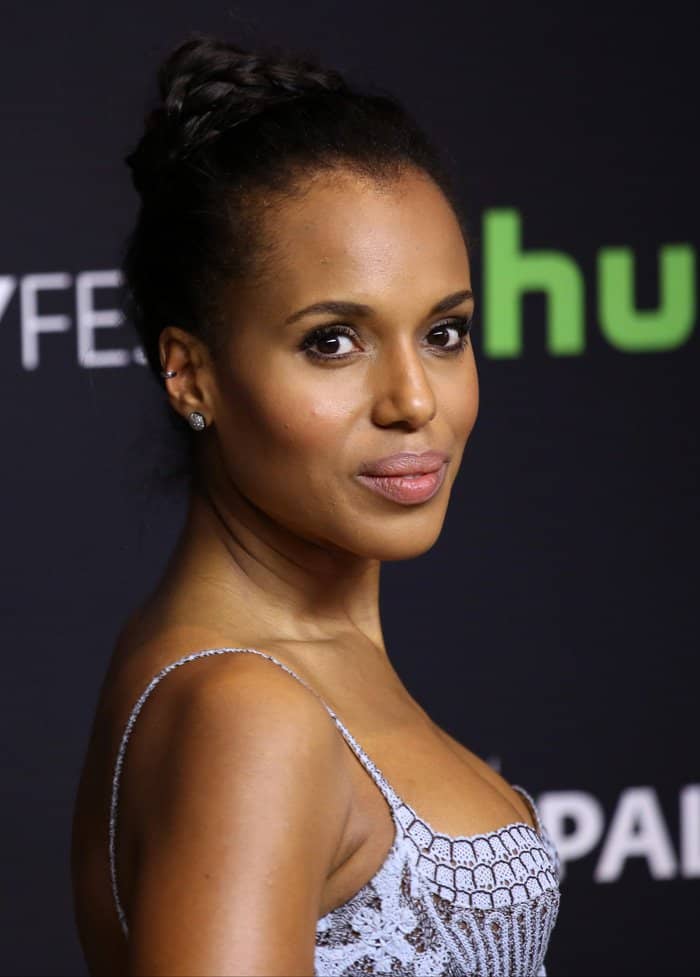 Kerry Washington exudes elegance with her flawless makeup and braided updo, perfectly complementing her intricate Ulyana Sergeenko dress at the 33rd Annual PaleyFest Los Angeles
