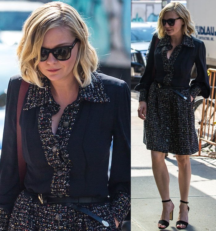 Kirsten Dunst exudes sophisticated charm in a tweed dress paired with chic black ankle-strap sandals, completing her polished look with sunglasses during her AOL Build interview