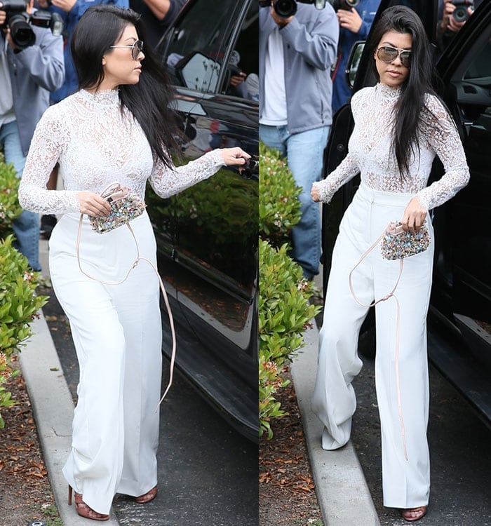 Kourtney Kardashian attends Easter Sunday service in a Misha Collection bodysuit and Givenchy trousers