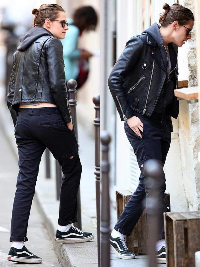 Kristen Stewart styled her leather jacket with cropped skinny Mother jeans constructed from soft stretch black denim with tonal hardware