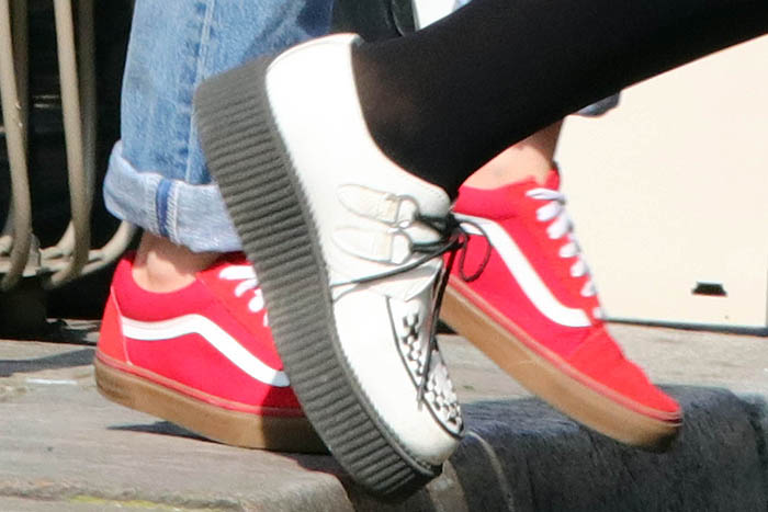 Kristen Stewart's red Vans sneakers and Soko's T.U.K. 'Viva Mondo' white leather creepers