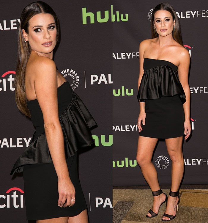 Lea Michele shows off the frilled detail on her strapless Jill Stuart dress