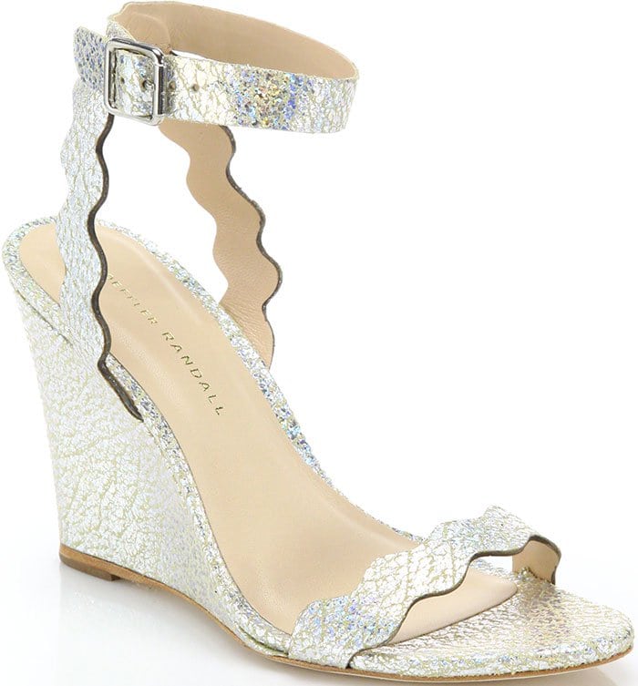 Loeffler Randall Piper Crackled Metallic Leather Scallop Wedge Sandals