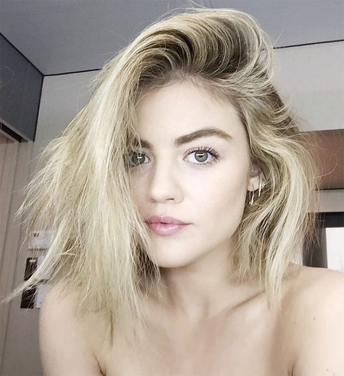 Hairstylist Kristin Ess' Instagram post of her work on Lucy Hale's new platinum blond hairdo that she captioned, "going blonder by the minute with @lucyhale and her #PopsOfPlatinum" -- posted on March 3, 2016