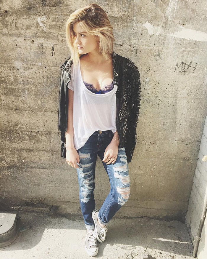 Lucy Hale showing off her new blonder hair color in an Instagram post captioned, "so go downtown, things will be great when you're downtown 🎶 #waitingonroxie" -- posted on March 3, 2016